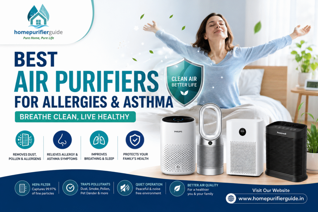 Modern HEPA air purifier removing dust and allergens from bedroom air