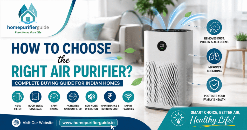 Modern HEPA air purifier in a living room with buying guide tips including room size, CADR rating, activated carbon filter, low noise operation, and smart features for Indian homes.