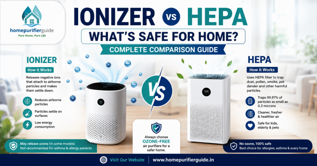 Ionizer vs HEPA air purifier comparison showing safe air purification for home use