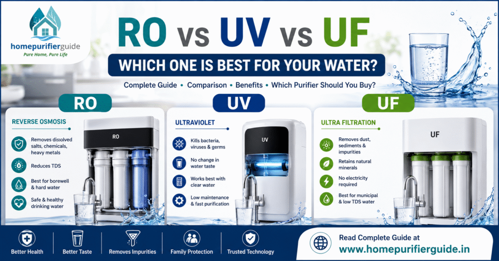 RO vs UV vs UF water purifier comparison guide for choosing the best home water purifier in India